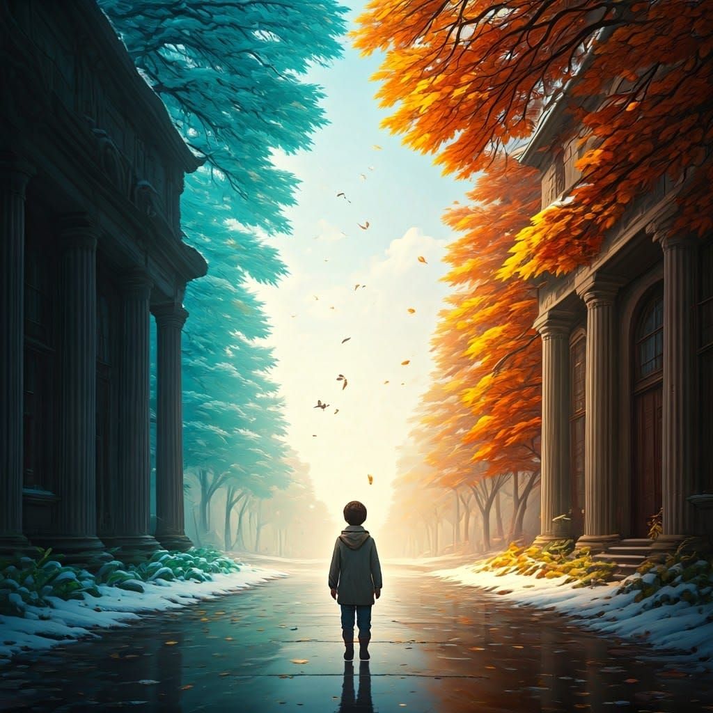 Four Seasons Scene with Boy, Detailed Matte Painting