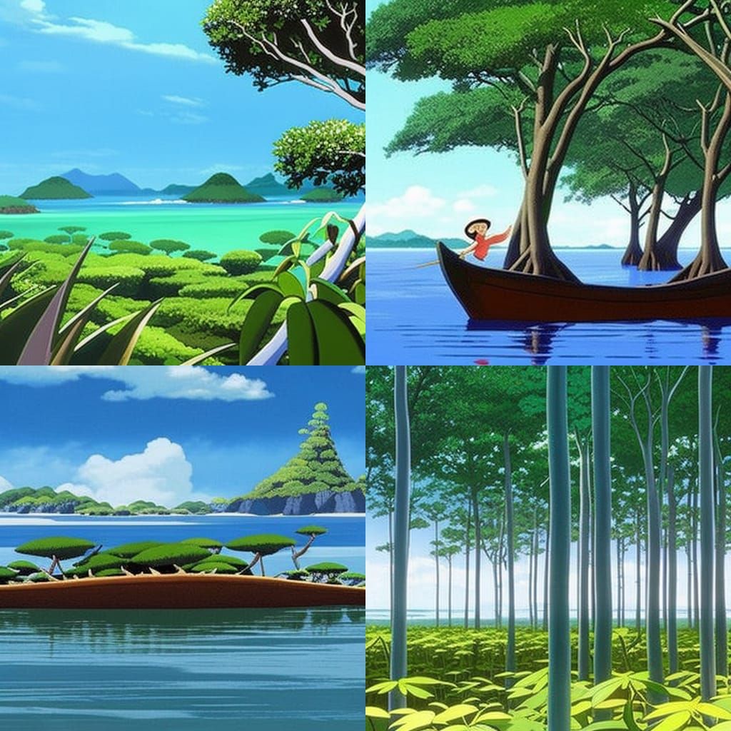 Tranquil Mangrove Scene in Studio Ghibli Style