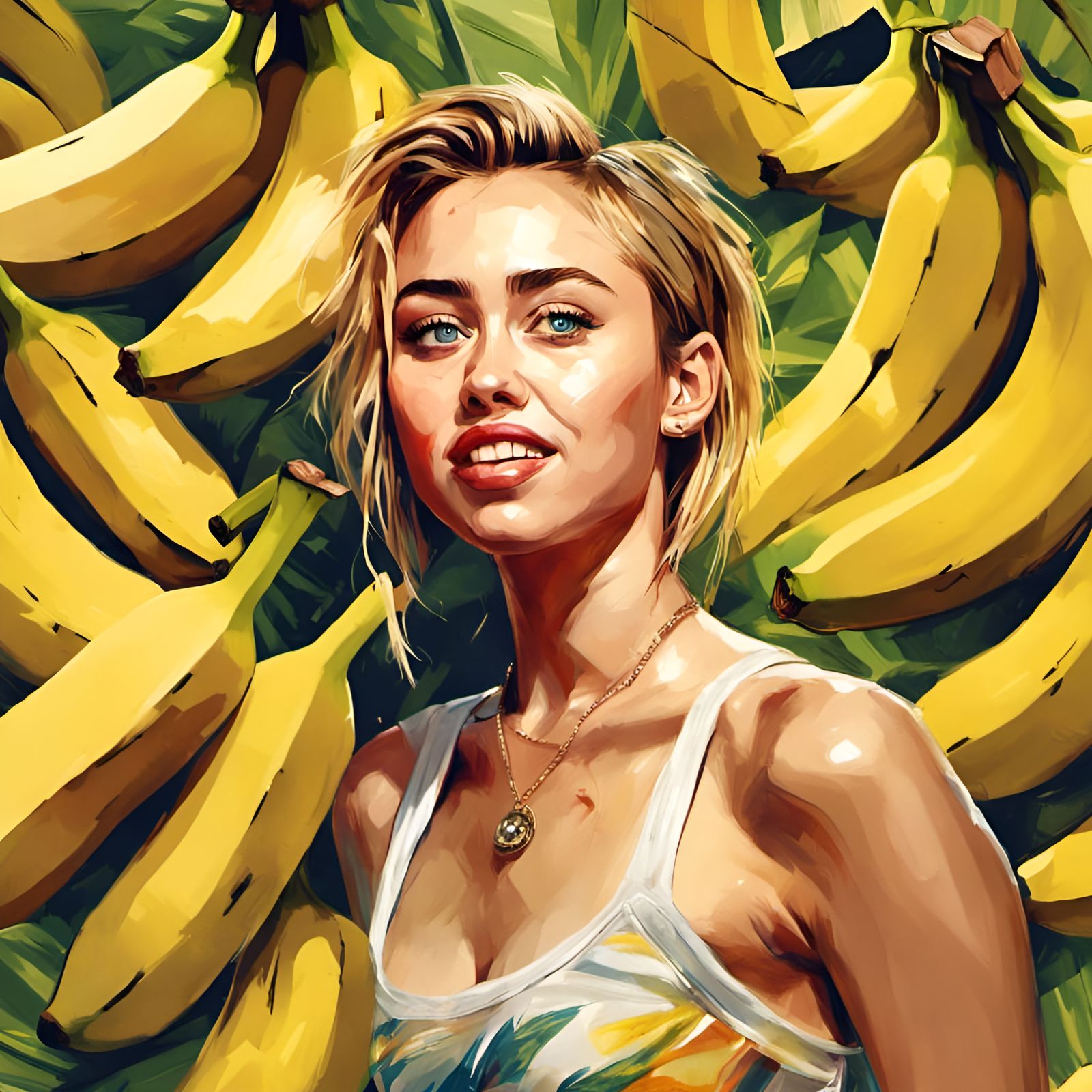 Miley Cyrus Portrait with Bananas in Photorealistic Style