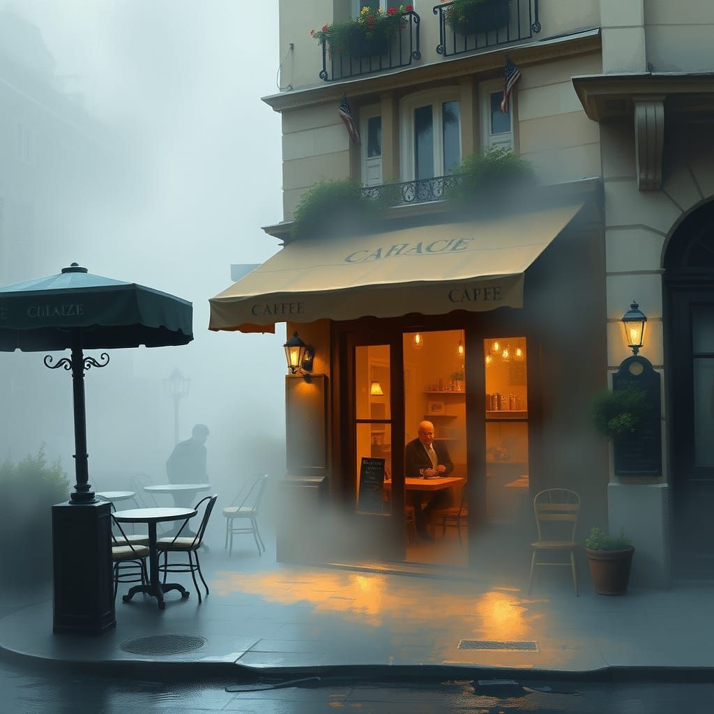Impressionist Parisian Cafe in Morning Fog