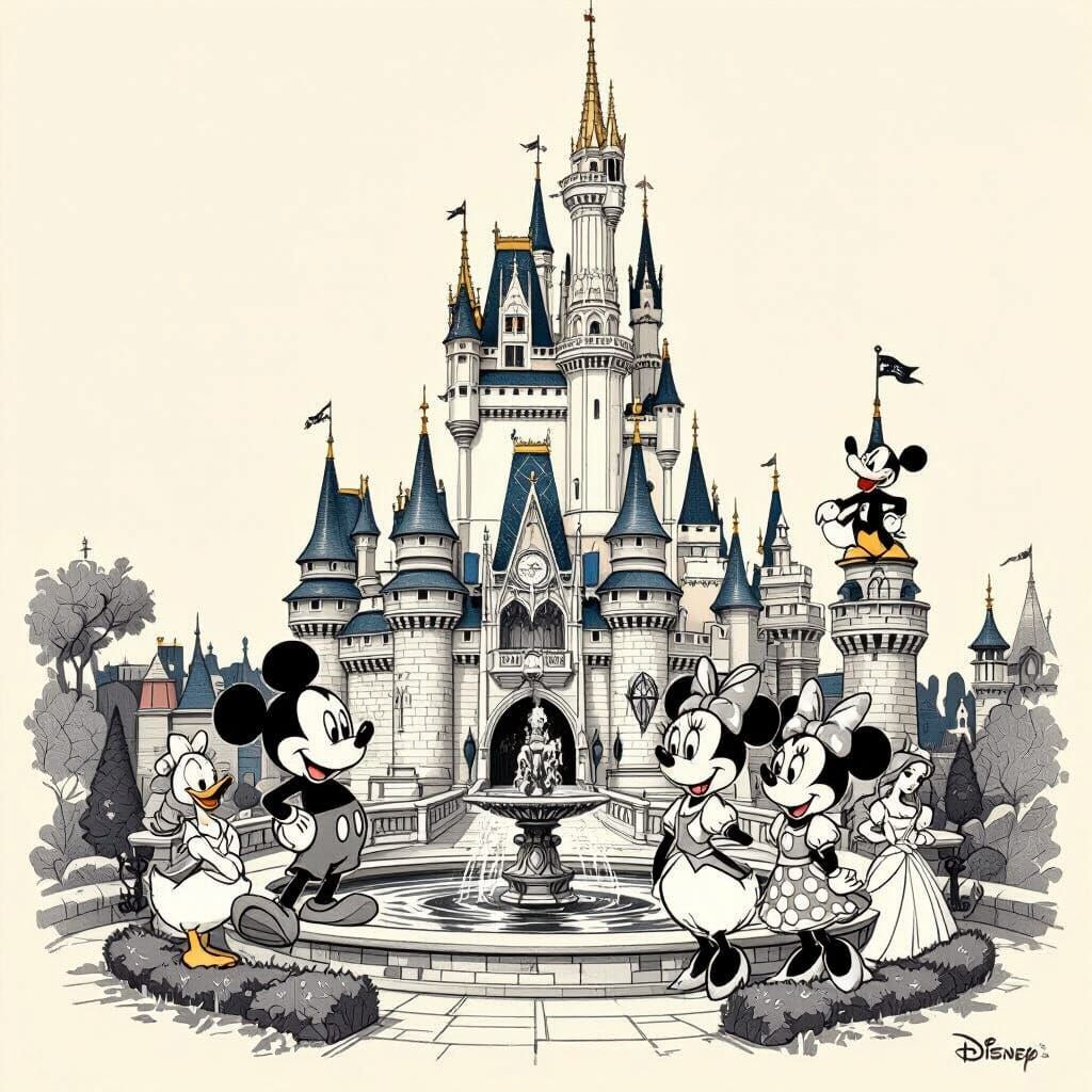 Magical Disney Castle with Classic Characters in Pencil Sket...