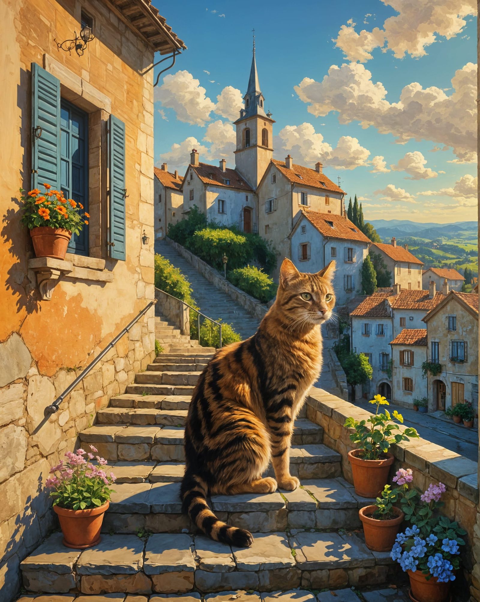 Cat Overlooking Tranquil Village in France