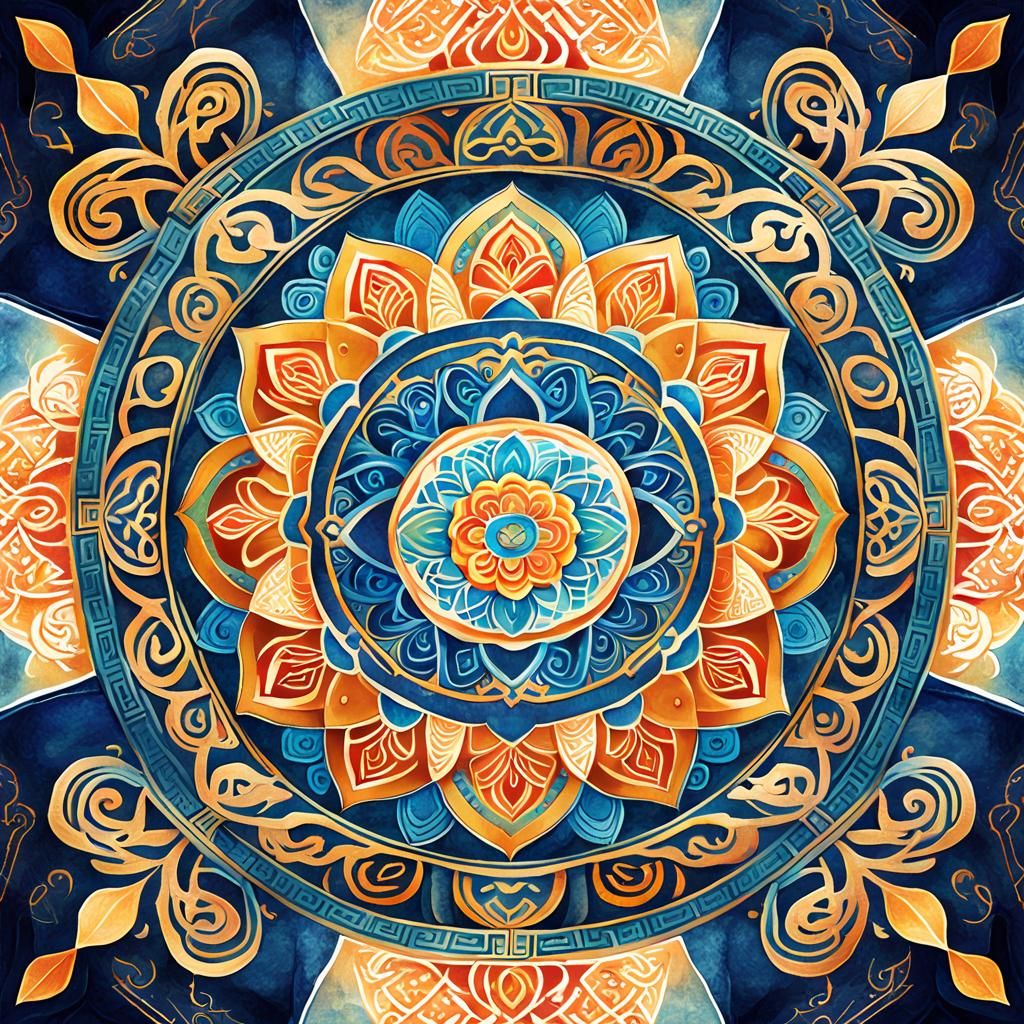 Asian-Inspired Mandala in Nine-Square Grid Digital Art