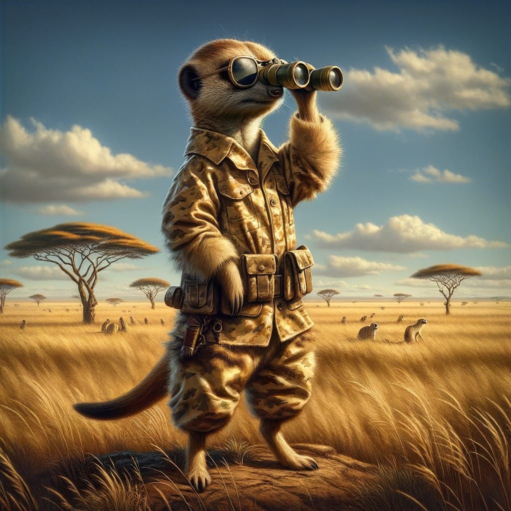 Anthropomorphic Meerkat on Savannah as Oil Painting