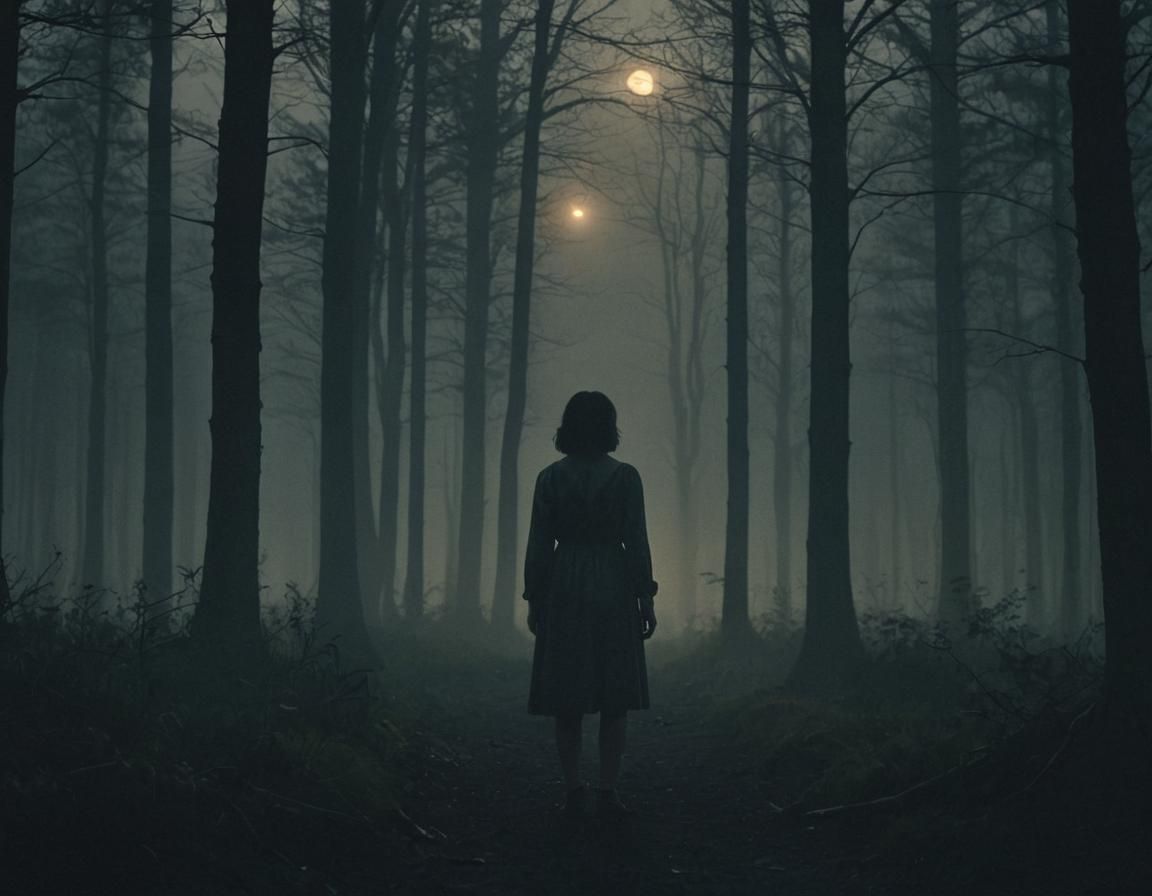 Mysterious Figure in Moonlit Forest: Cinematic Film Still