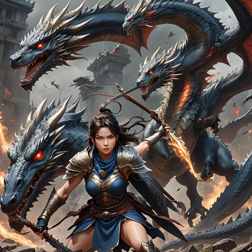 Anime Warrior Woman Dragon Fight in 3D