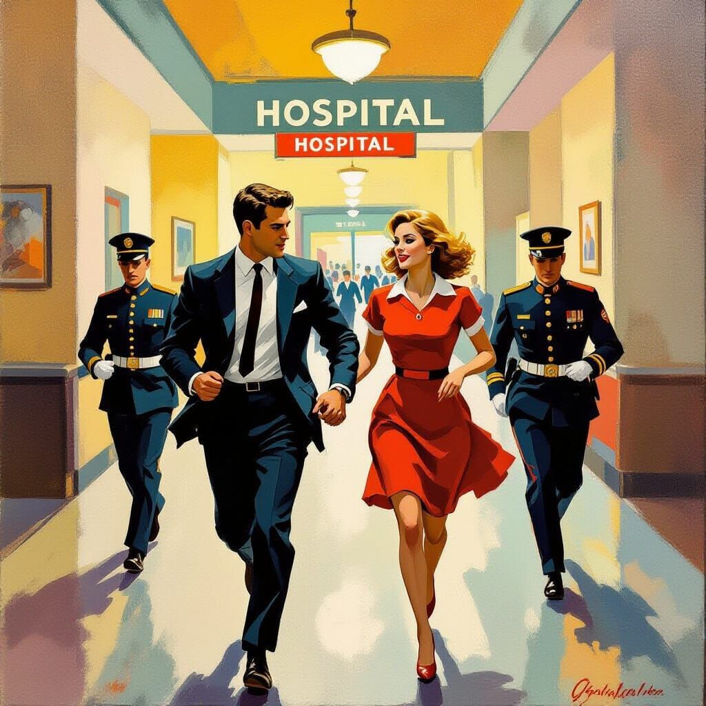 Fleeing Couple in Gauguin Style Hospital Escape