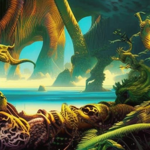 Lush Tropical Island in Art Nouveau Style