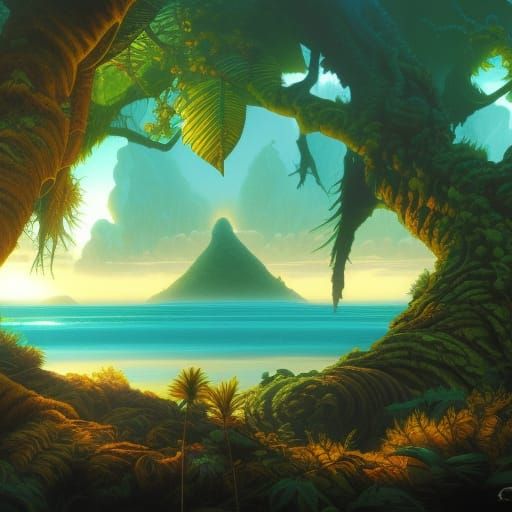 Lush Tropical Island Beach in Oil Painting Style