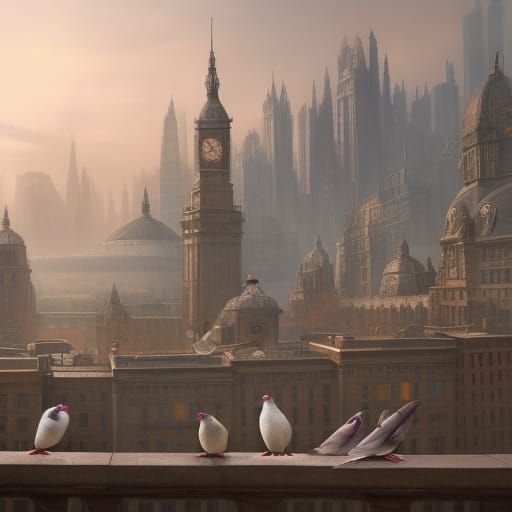 Fantastical City Pigeons in Detailed Matte Painting