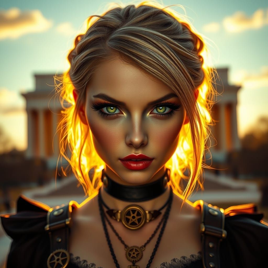 Mysterious Steampunk Goddess Amidst the Washington Monument