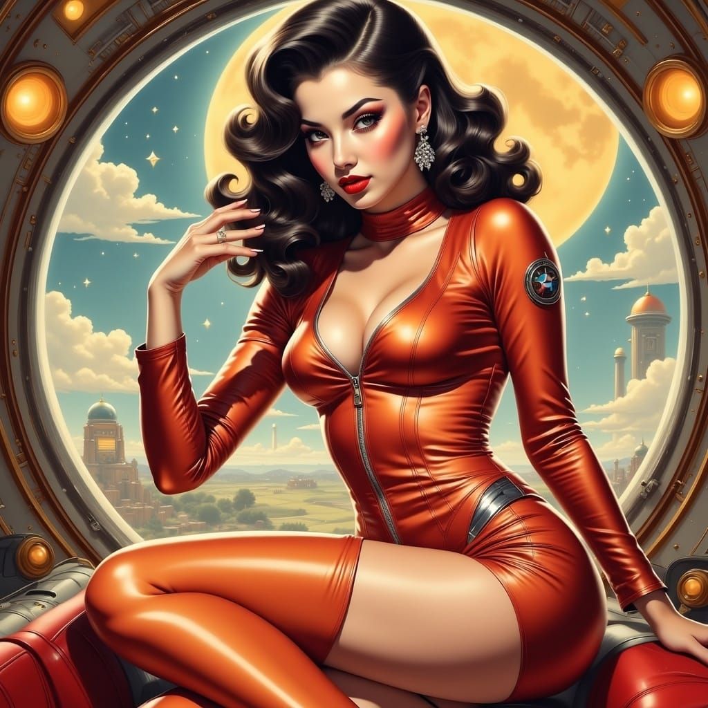 Retro Pinup in Spacesuit Cockpit: Mid-Century Space Art