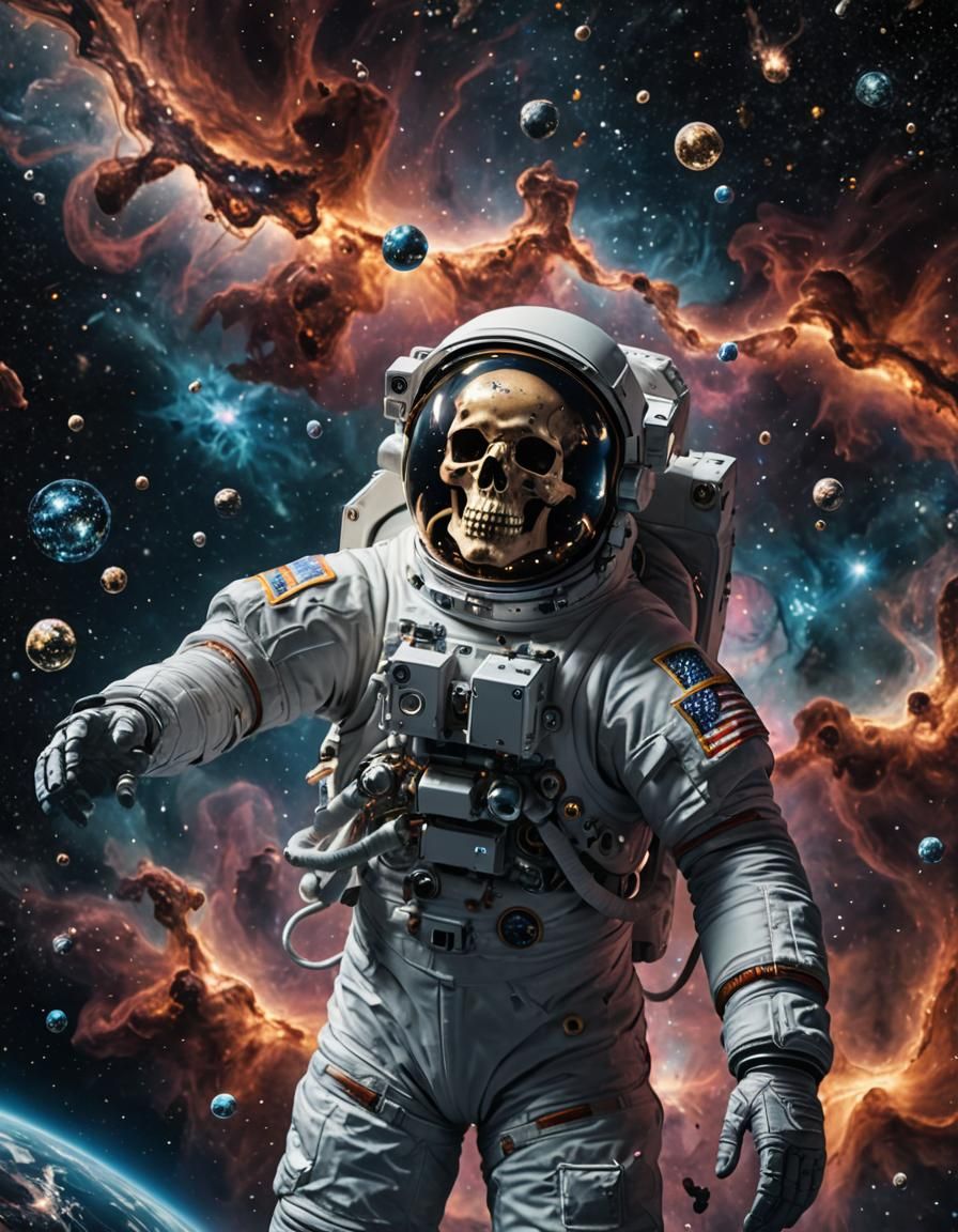 Astronaut Skull Floating in Cosmic Abyss