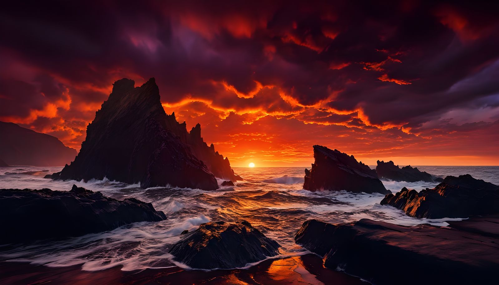 Fiery Sunset Over Jagged Sea Cliffs in Painterly Style