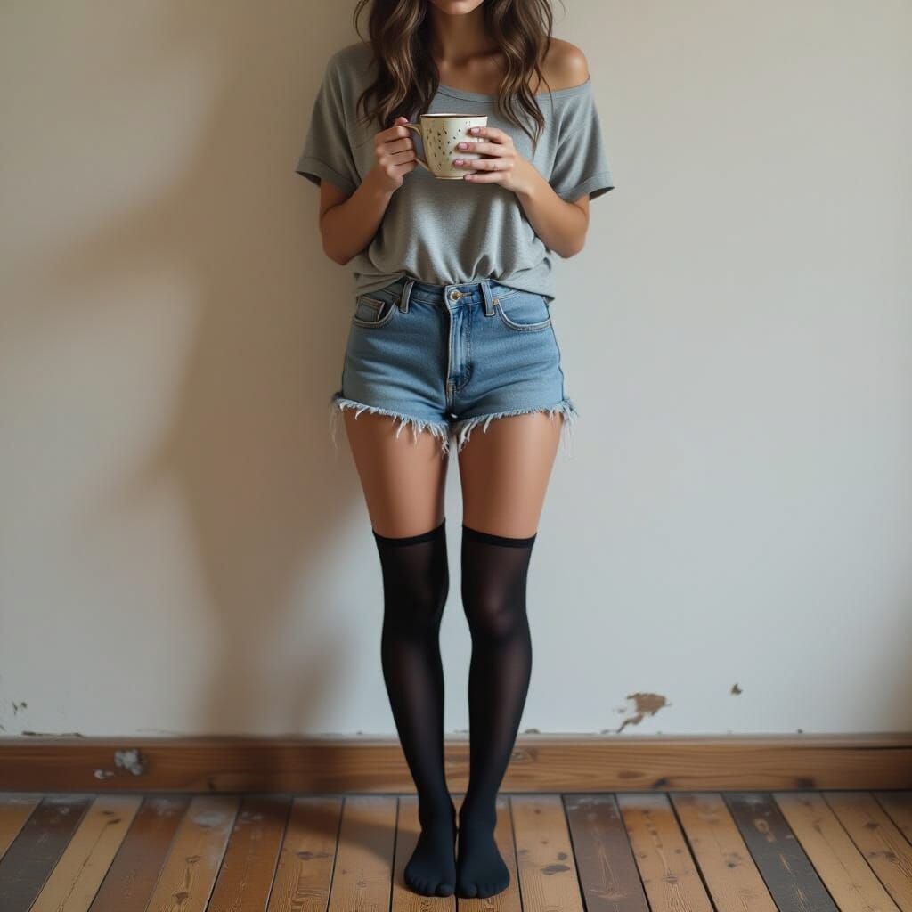 Woman in Denim Shorts Sipping Coffee: Cinematic Realism