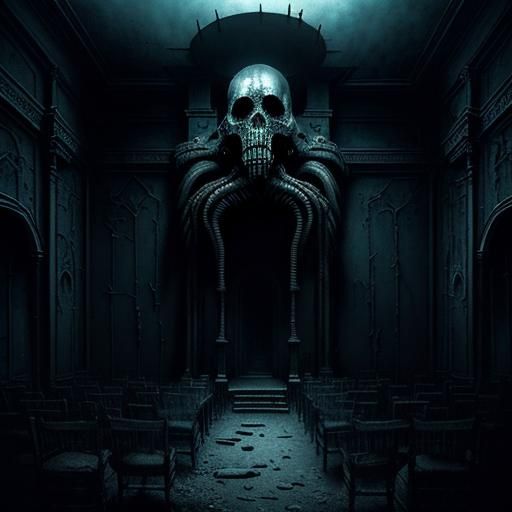 The use of harsh shadows, flickering lights, and highly detailed textures on the decaying stonework walls and broken fur...