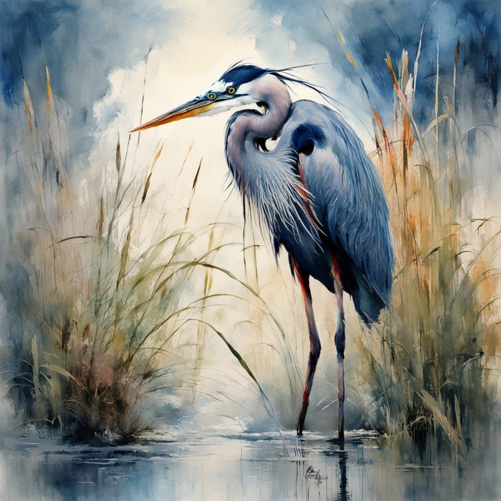 Vibrant Blue Heron in Misty Morning Light