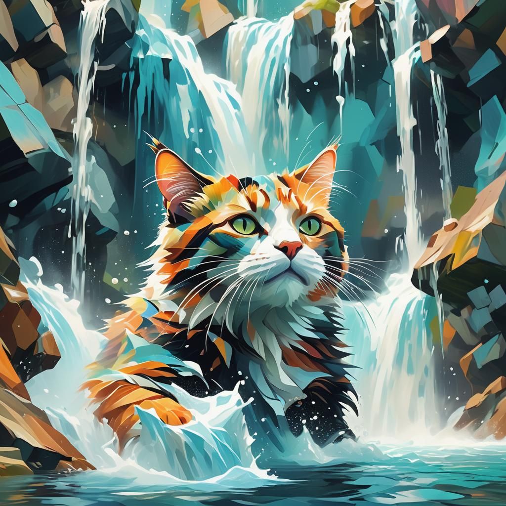 Cat Swimming in Waterfall as Cubist Digital Art