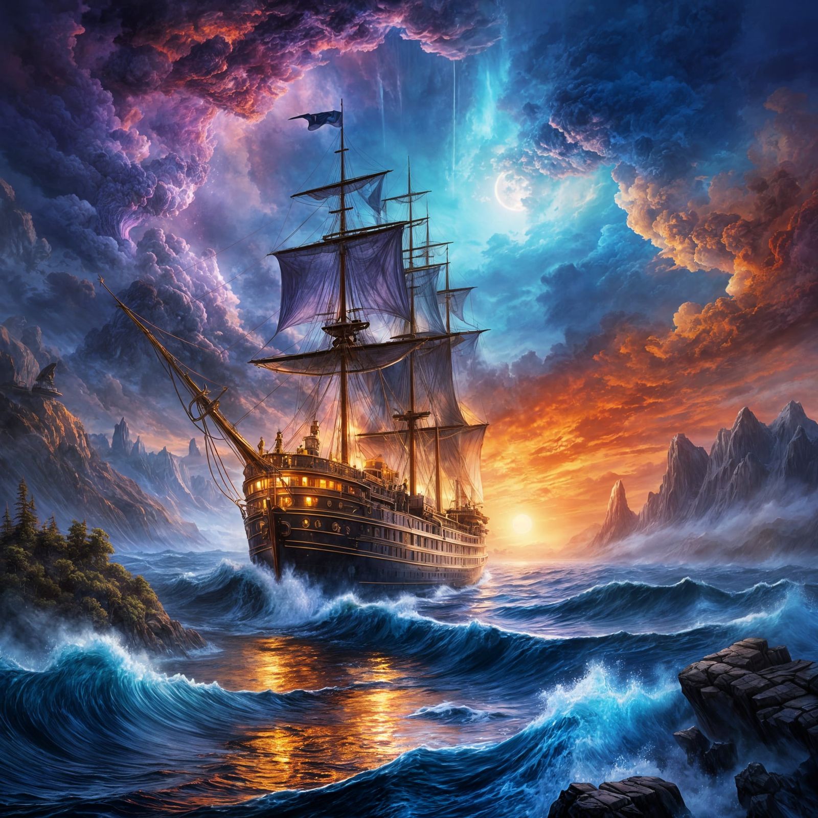 Majestic Steamship at Twilight in Fantasy Seascape