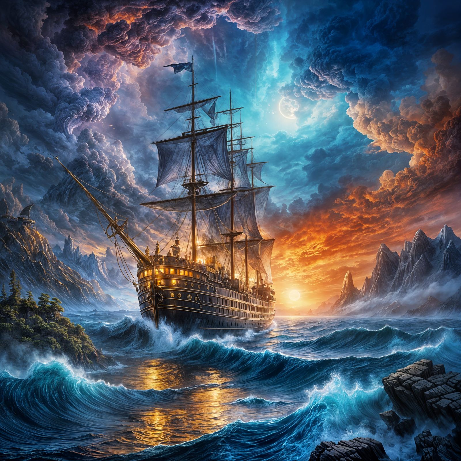 Majestic Steamship Voyage at Twilight in Dramatic Tones