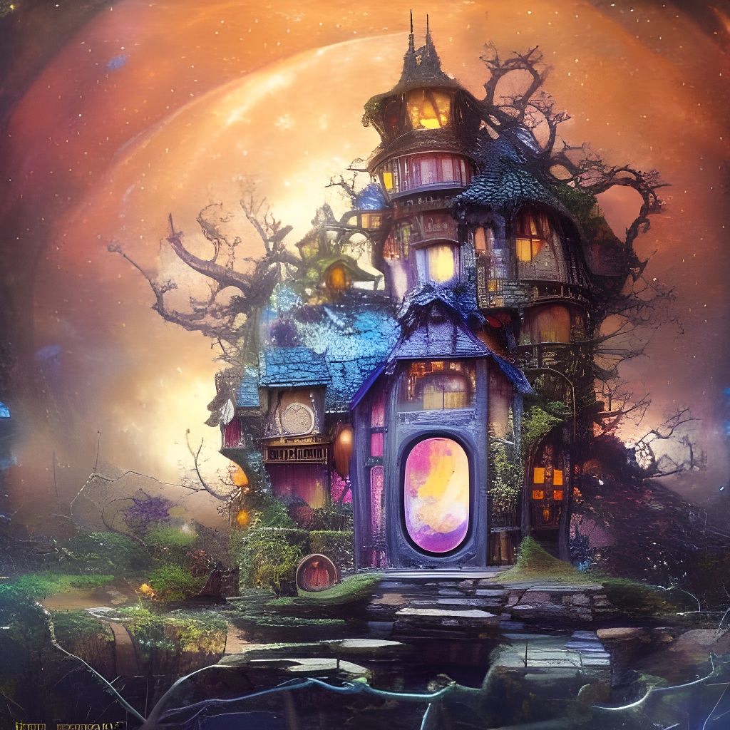 Clockpunk Crystal Bonsai Village Under Starry Sky