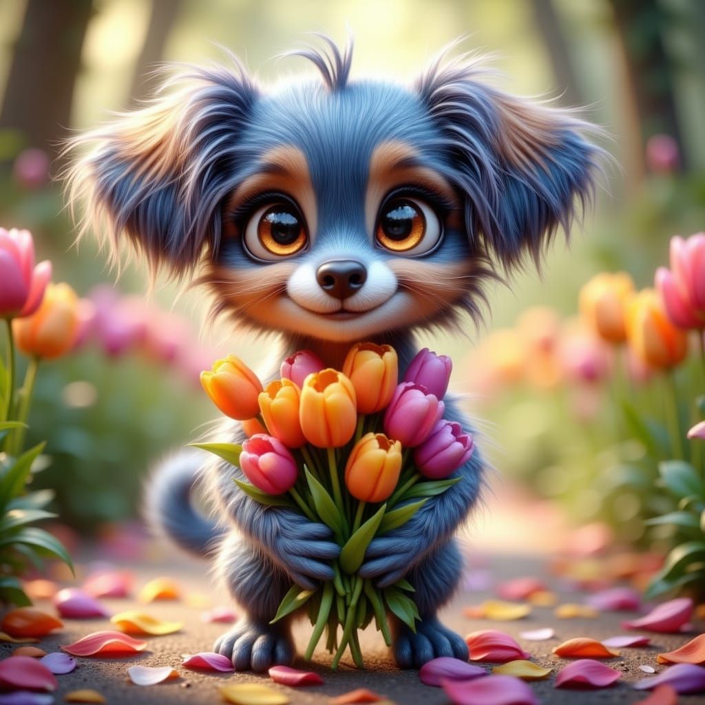 Whimsical Blue Dog with Tulip Bouquet on Flower Path