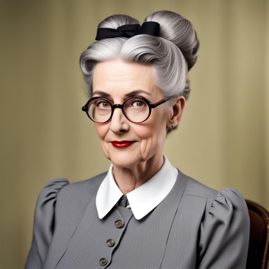 1930s Governess with Grey Hair Bun and Glasses