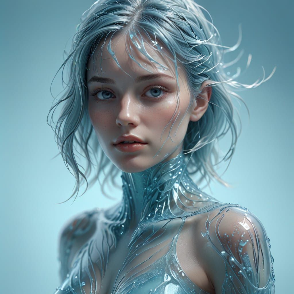 Surreal Glass Person with Ethereal Blue Skin and Hair
