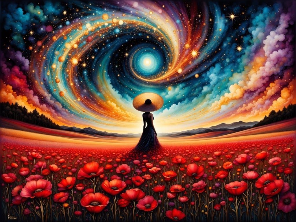 Crimson Poppy Field with Figure, in Ethereal Style