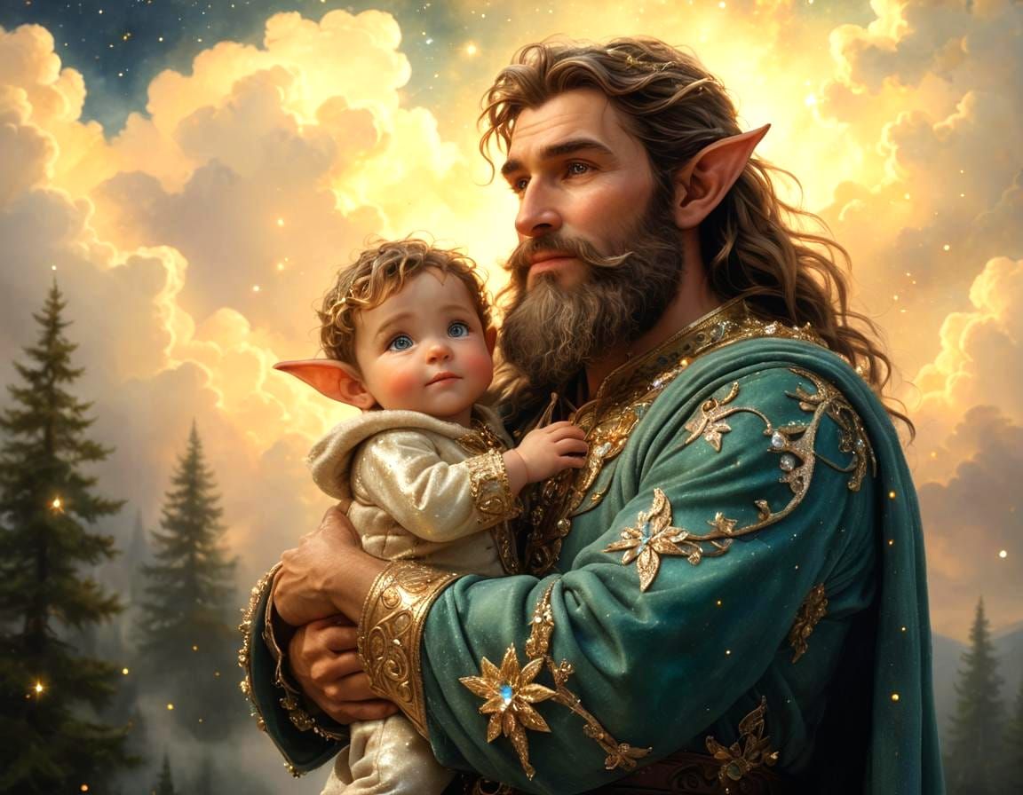 Elf Father and Son in Ethereal Forest