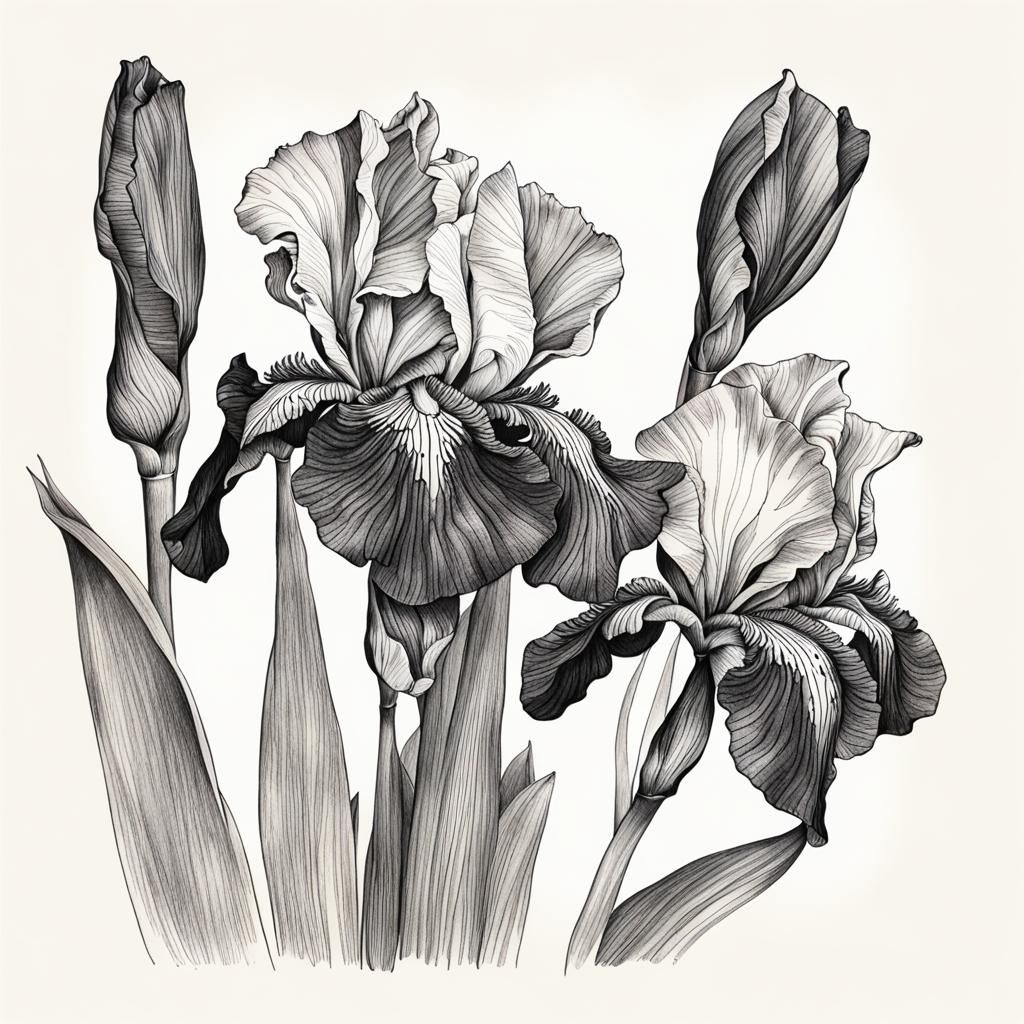Ink botanical drawing of Iris Flower