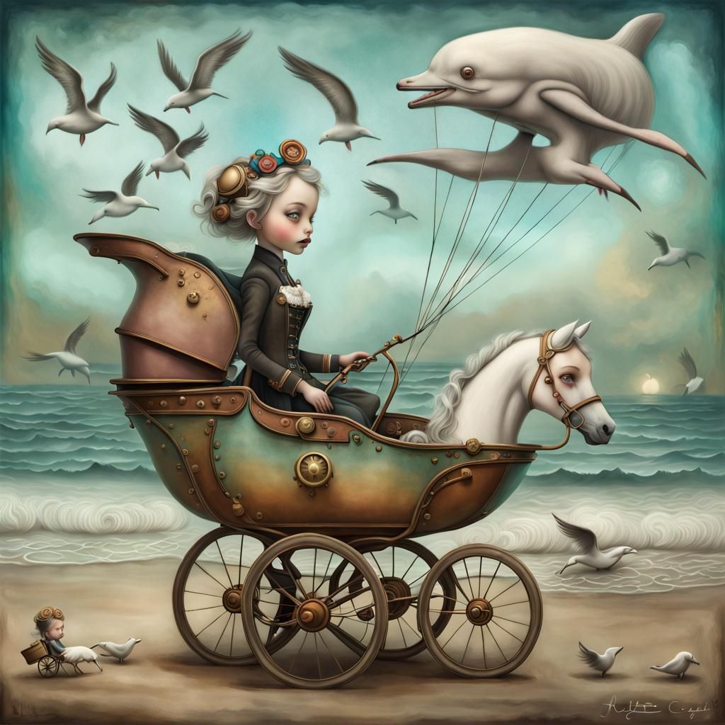 Steampunk Beach Scene in Hyperrealistic Splash Art