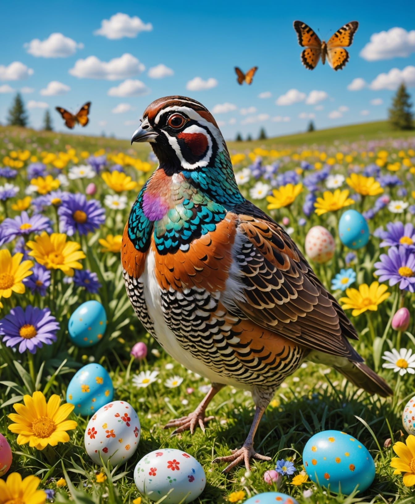 Easter Quail in Vibrant Spring Meadow