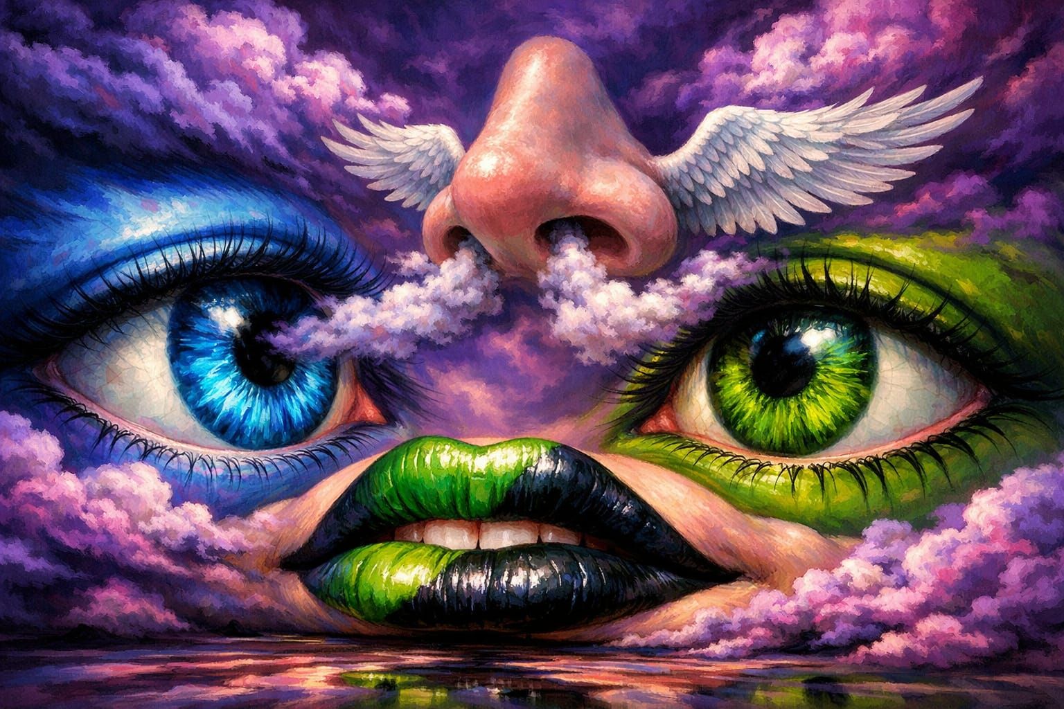 Surreal Eyes, Mouth, and Nose in Abstract Landscape