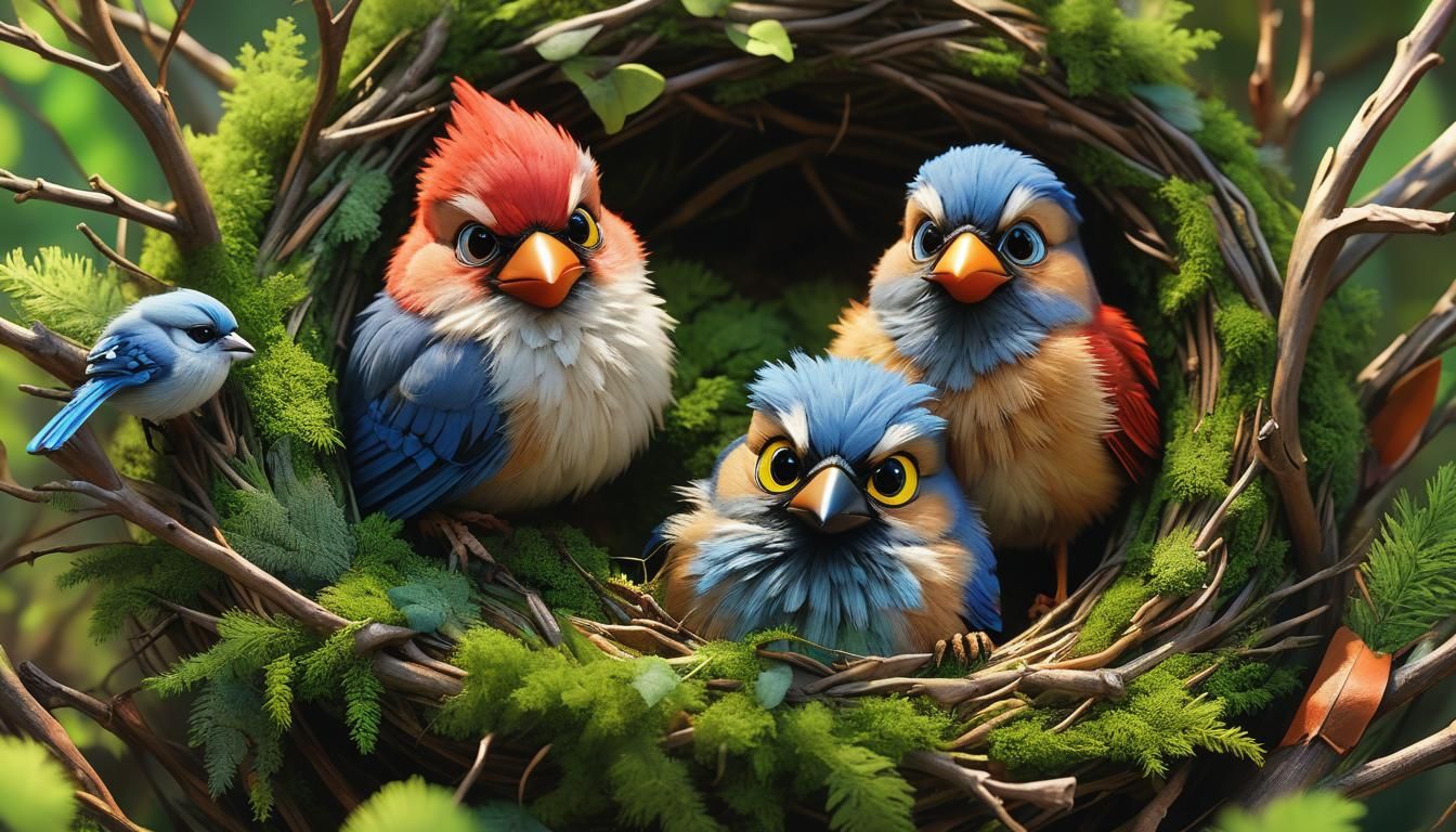 Cardinal Chicks and Blue Jay in Nest, 3D Render