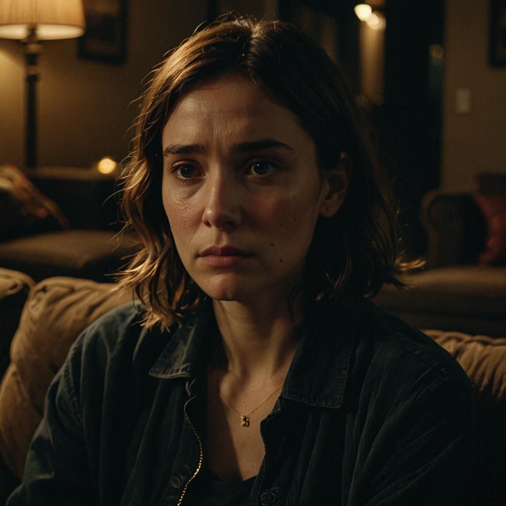 Worried Person in Dimly Lit Room: Cinematic Still