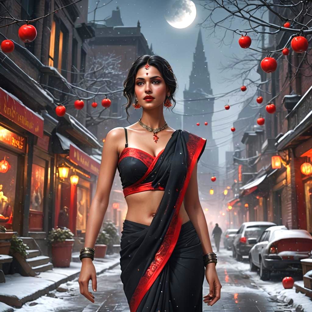 Stunning Woman in Sari Under Moonlit Snow