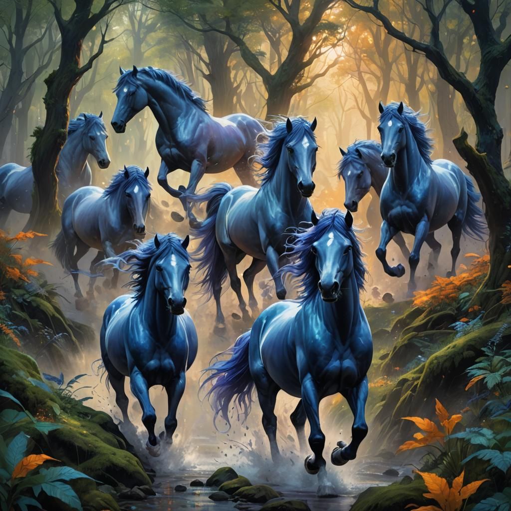 Blue Horses Run Through Mystical Forest