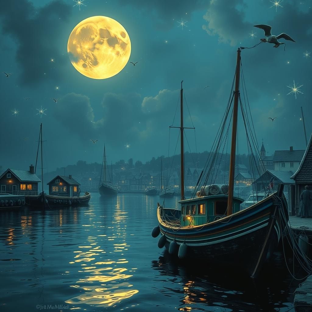 Vaporwave Moon Over Fishing Town in Blue and Black