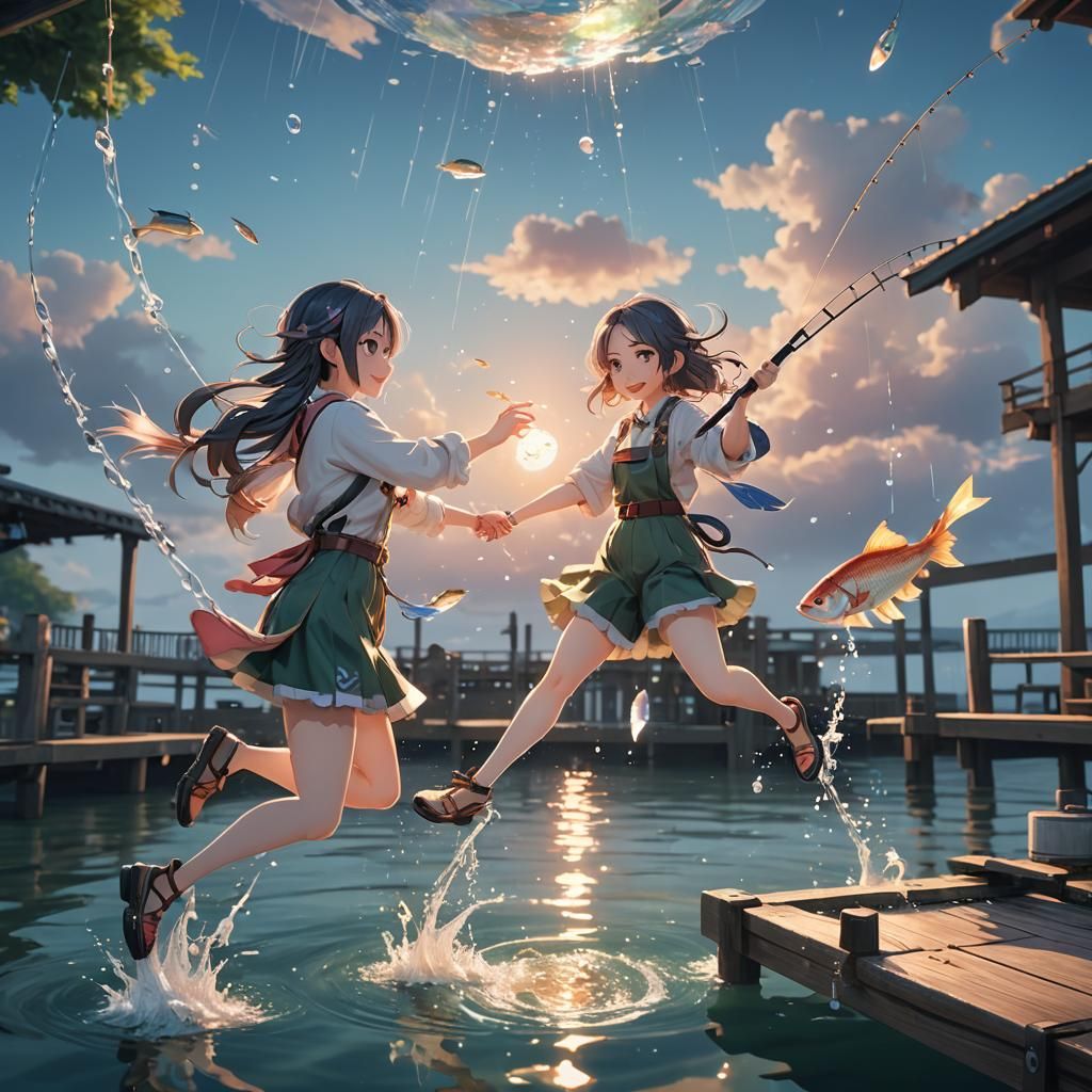 Anime Style: Girls Fishing with Leaping Fish