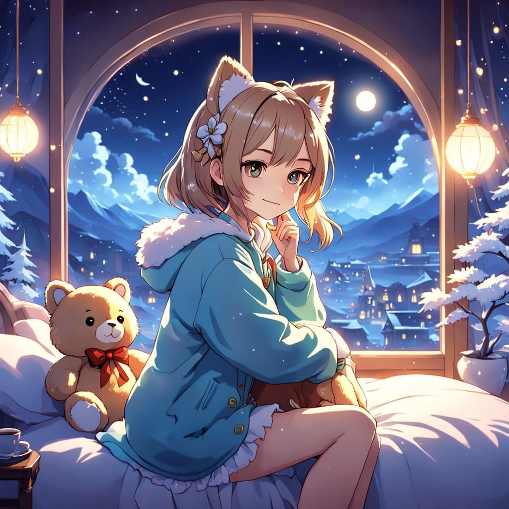 Whimsical Winter Night Scene in Delicate Anime Style