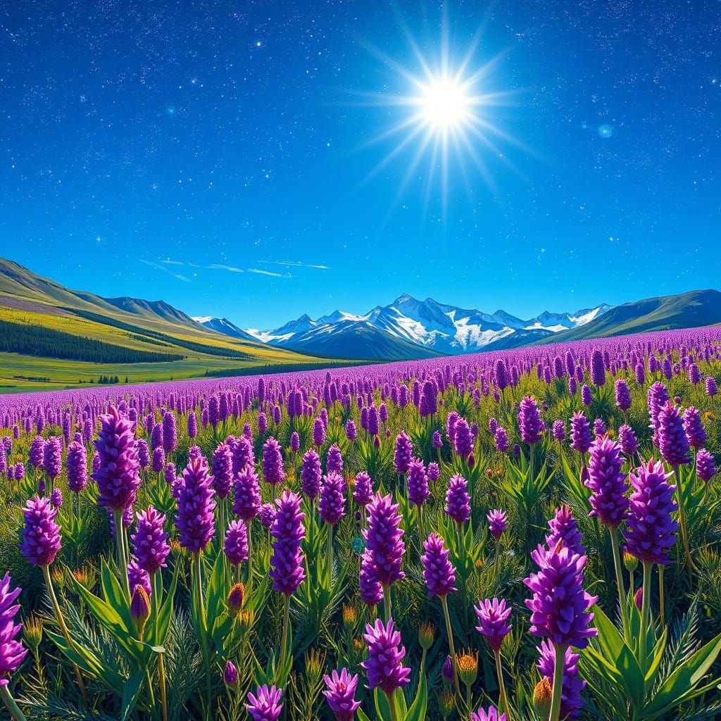 Denali Purple Fireweed Meadow Under Bright Summer Sky