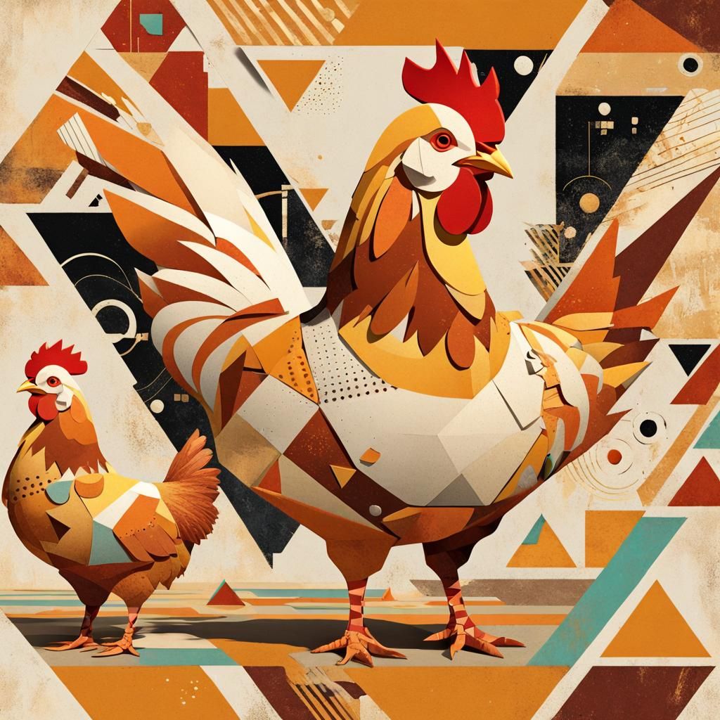Geometric Chicken with Mechanical Elements in Retro Style