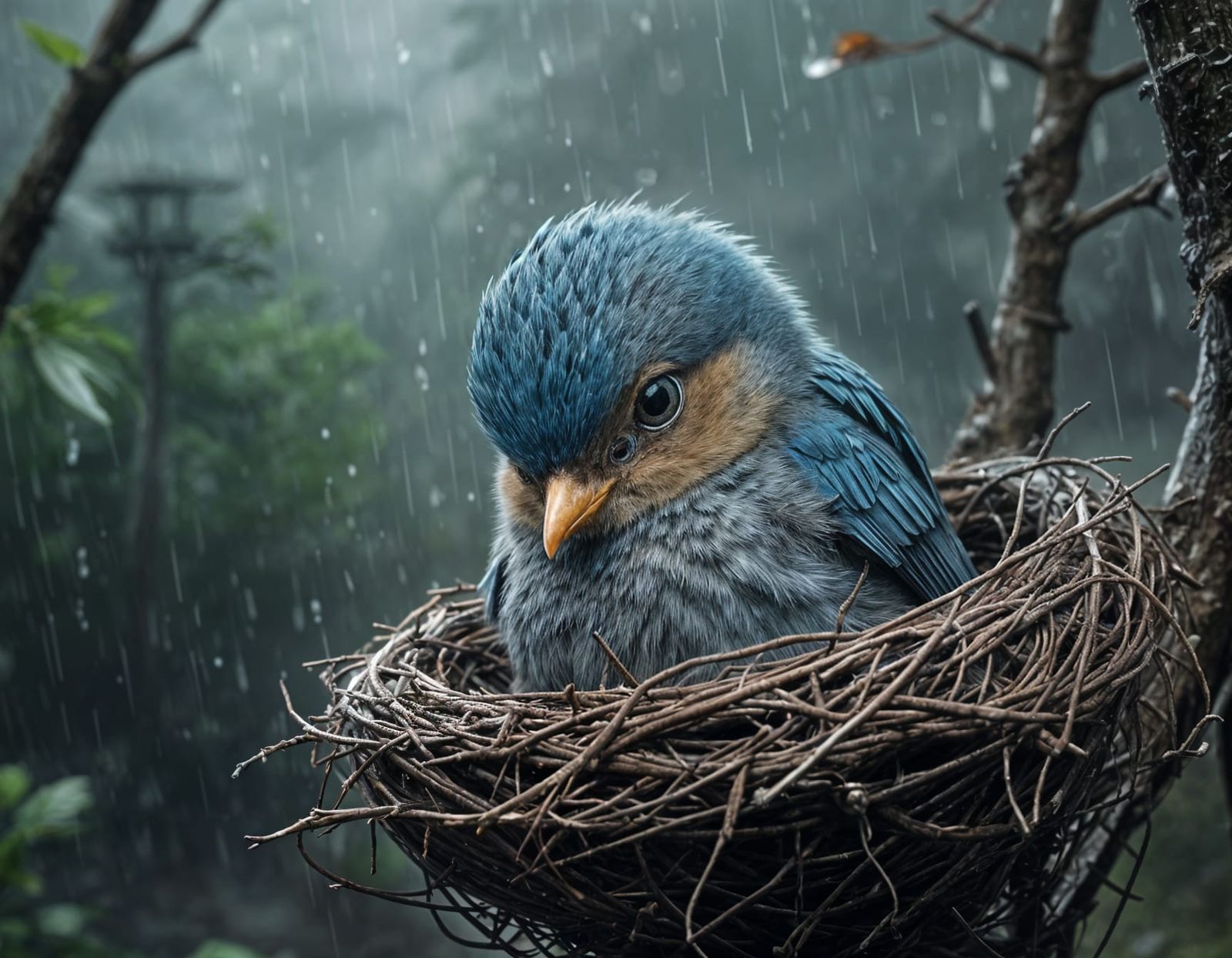 Whimsical Baby Bluebird in a Rainy Nest