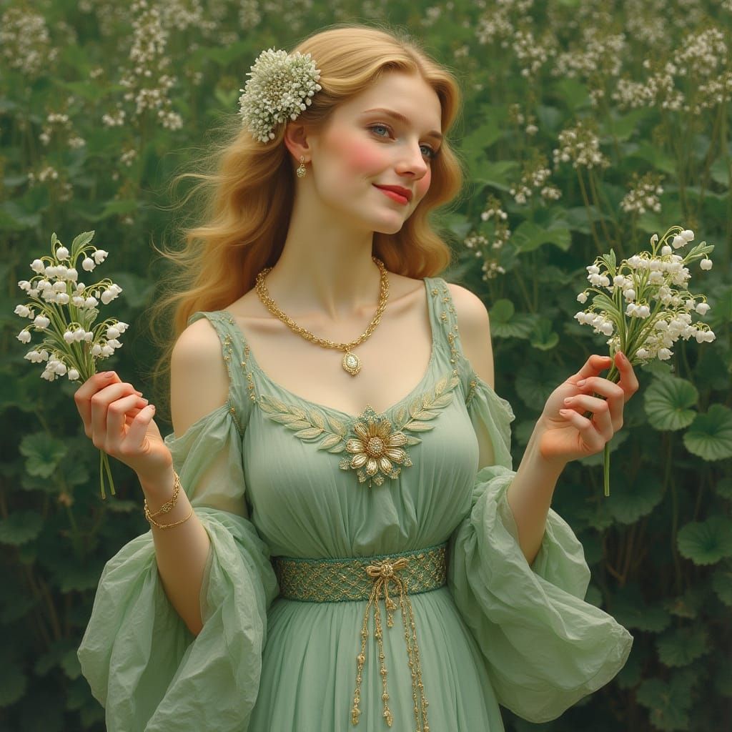 Elegant Lady in Water Green, Adorned with Lily of the Valley