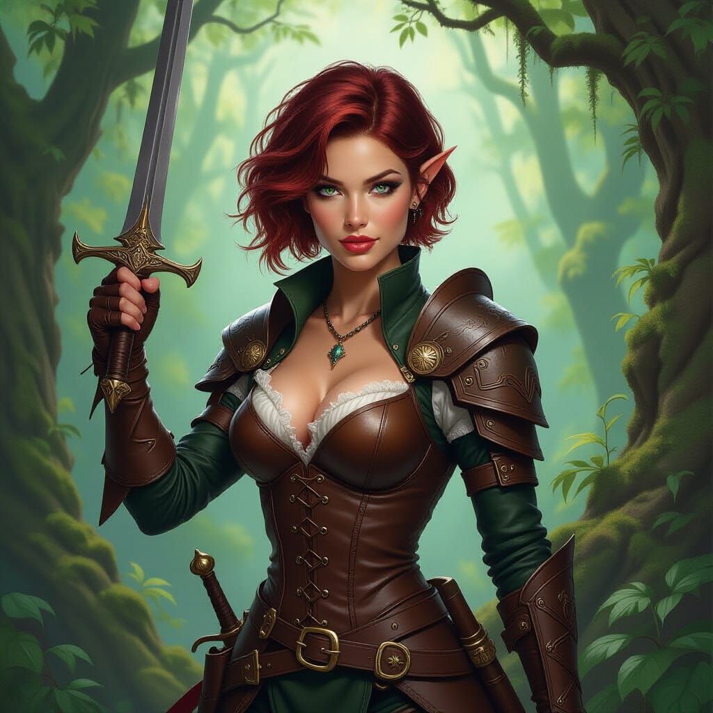 Elf Adventurer in Mystical Forest Oil Painting