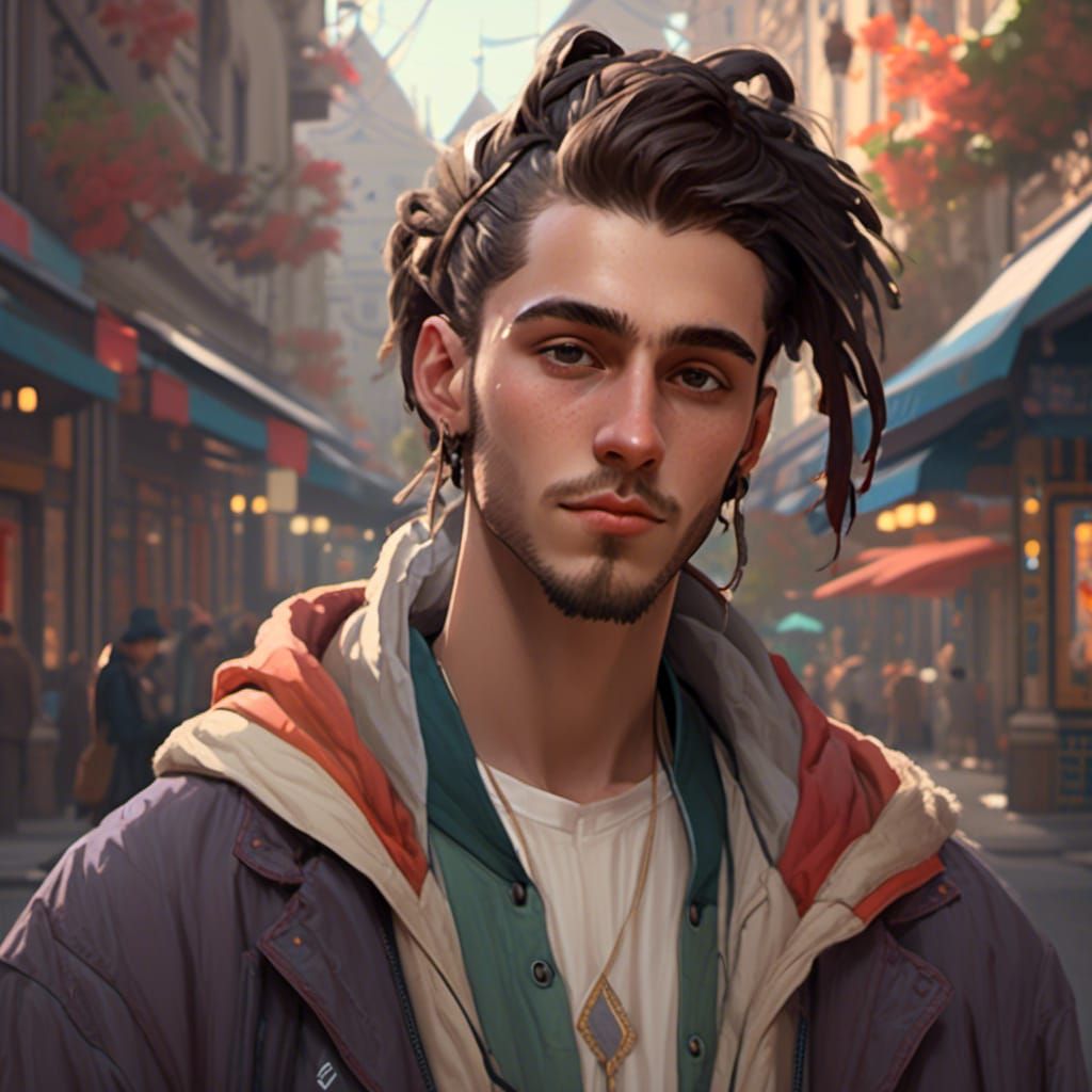 Young Man with Man Bun Portrait in Anime Style