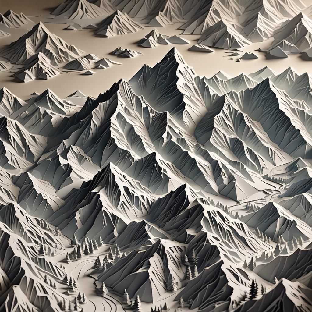 Detailed Paper-Cut Mountains in Anime Style