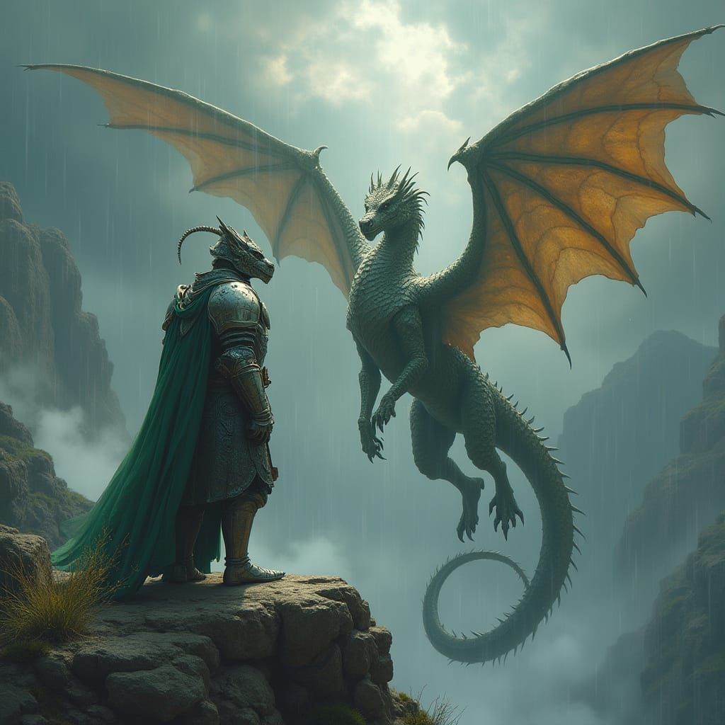 Bronze Dragonborn Paladin and Dragon in Fantasy Art