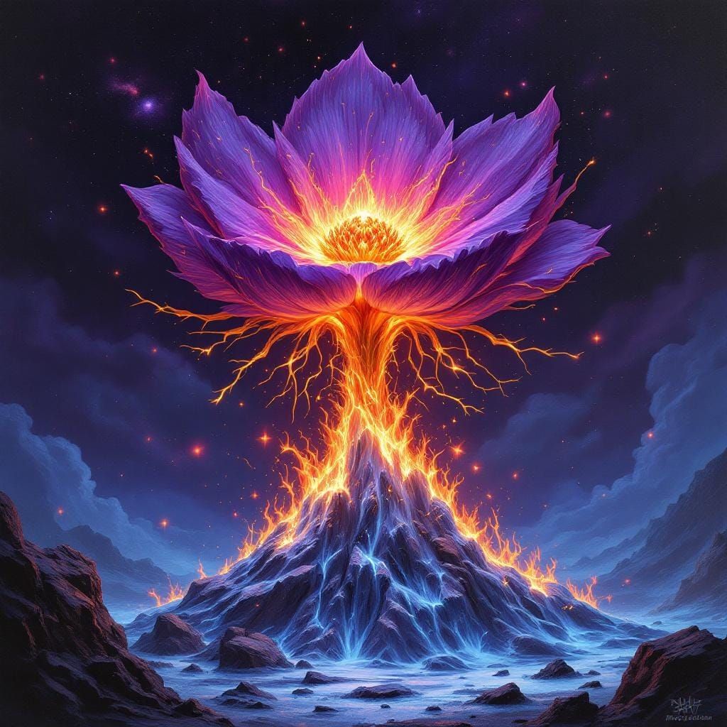 Surreal Purple Flower with Golden Accents